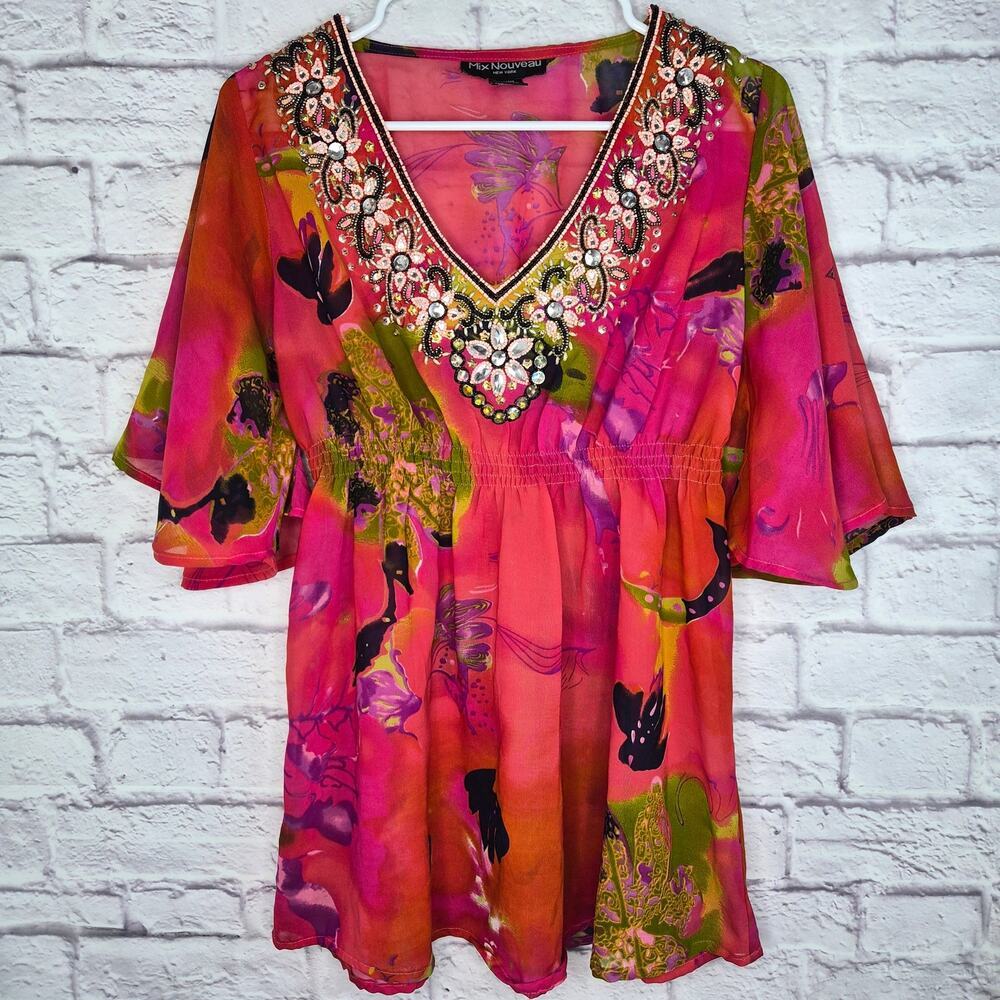 Mix Nouveau Y2K Embellished Tunic Top Size S Whimsigoth Floral Beaded Sheer Pink